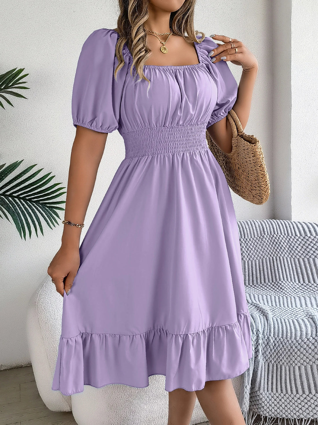Spring and Summer Elegant High Waisted Dress Square Neck Short Sleeved Ruffled Edge Long Dresses for Women