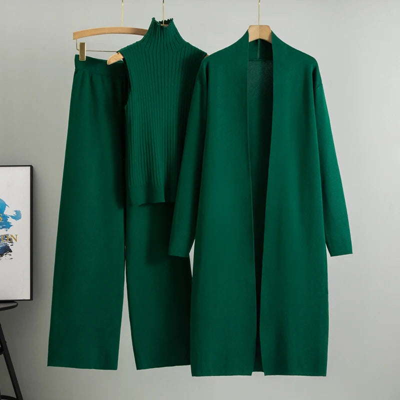 Winter And Autumn Fashionable Elegant Women's Knitted 3-Piece Set cardigan Women's Sweater Women's Wide Leg Pants