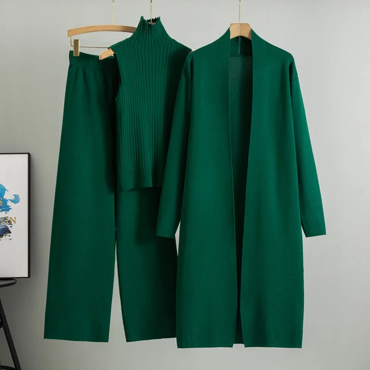 Winter And Autumn Fashionable Elegant Women's Knitted 3-Piece Set cardigan Women's Sweater Women's Wide Leg Pants