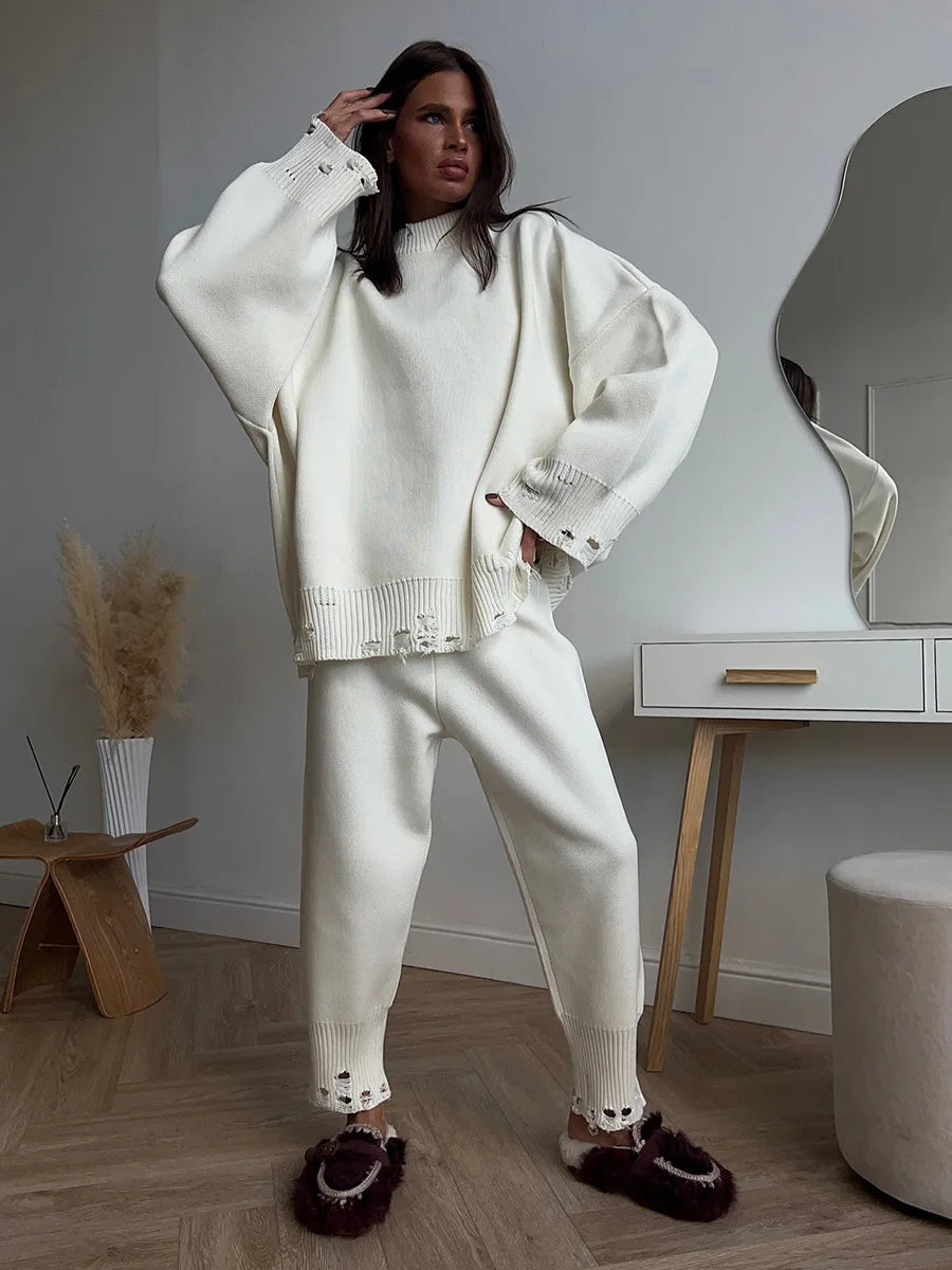 Bornladies Autumn Winter Women's New Turtleneck Knit Sweater Skinny Knit Pants Set Soft Oversized Ripped Hem Fashion Pullover