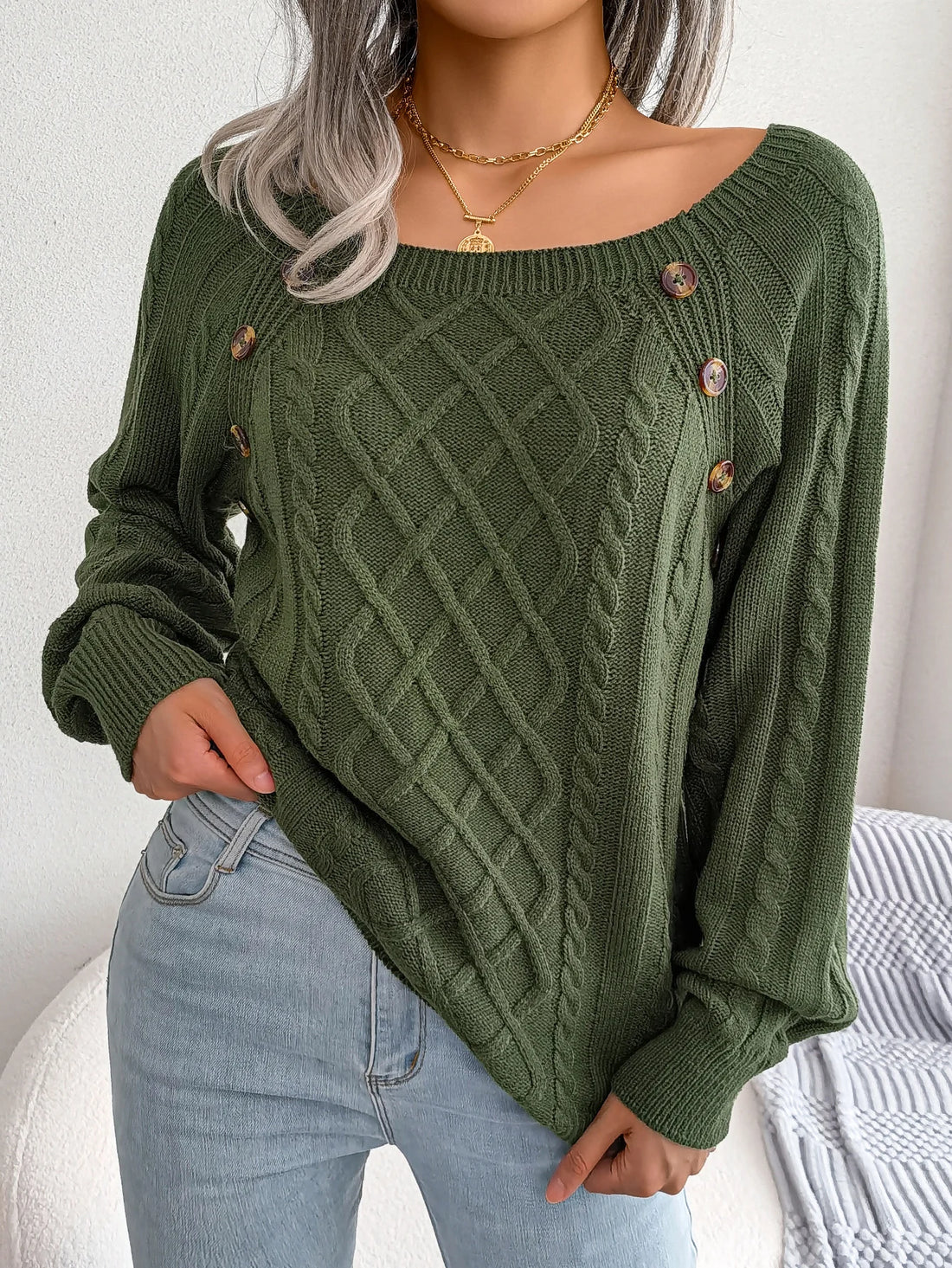 Women Casual Square Collar Buttons Long Sleeve Knitted Pullover Sweaters for Autumn Winter