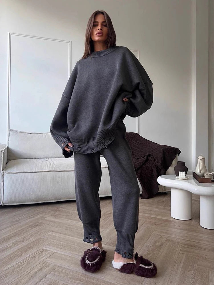 DEAT Fashion Knitted 2 Piece Set Women's Round Neck Loose Ripped Sweater High Waist Loose Pants Suit Autumn New