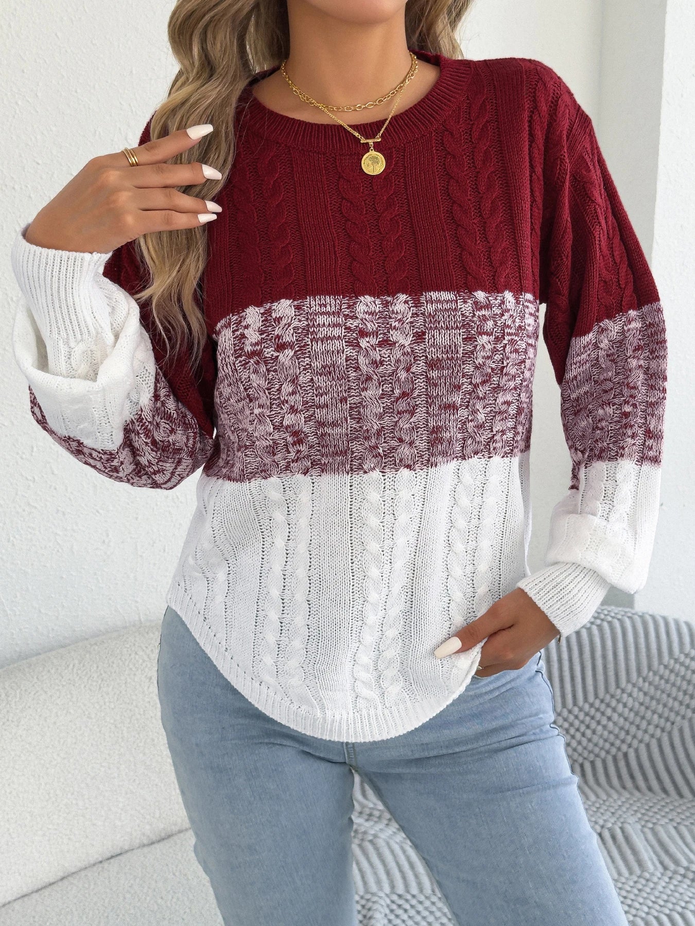 Woman Casual Color Block Striped Sweater Round Neck Lantern Long Sleeve Twist Knitted Tops for 2025 Autumn Winter Women Clothes
