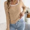 Women‘s Square Neck Twist Knitted Tops 2025 Autumn Winter Casual Long Sleeve Contrast Color Striped Sweater Khaki Red White
