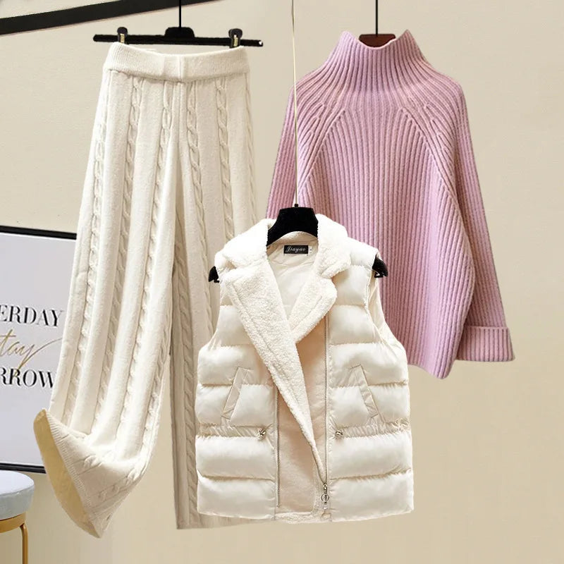 Women Sweater Suit Knitting 3 Piece Sets Cotton Vest Top Pullover Turtleneck Wide Leg Pants Tracksuit Winter Thick Outfits