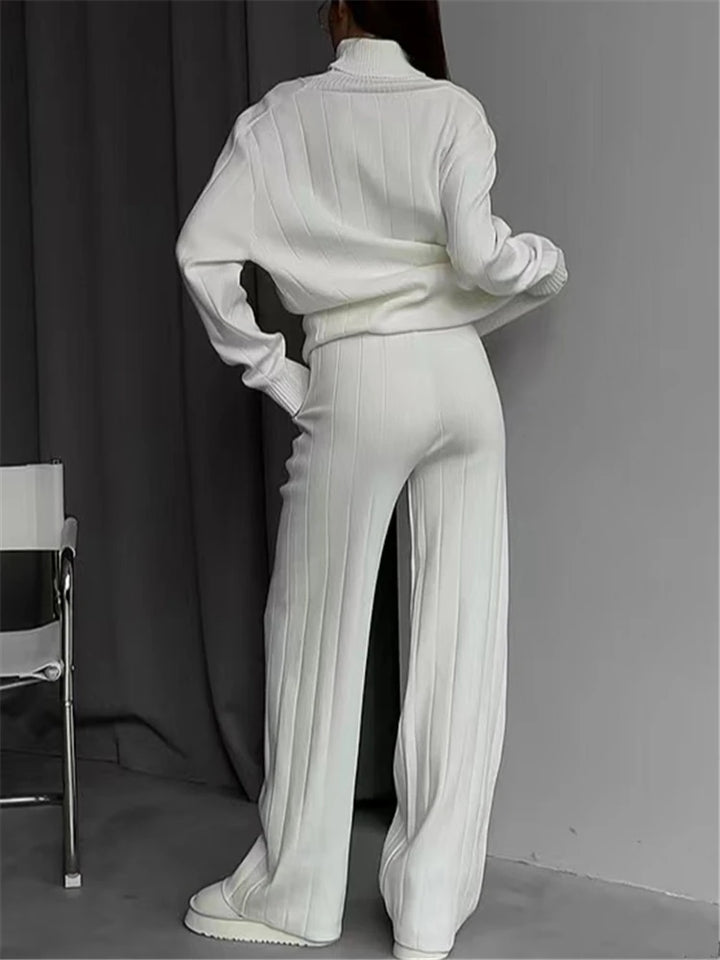 REALEFT Autumn Winter 2 Pieces White Women's Sets Knitted Tracksuit Turtleneck Sweater and Straight Jogging Pant Suits 2023 New