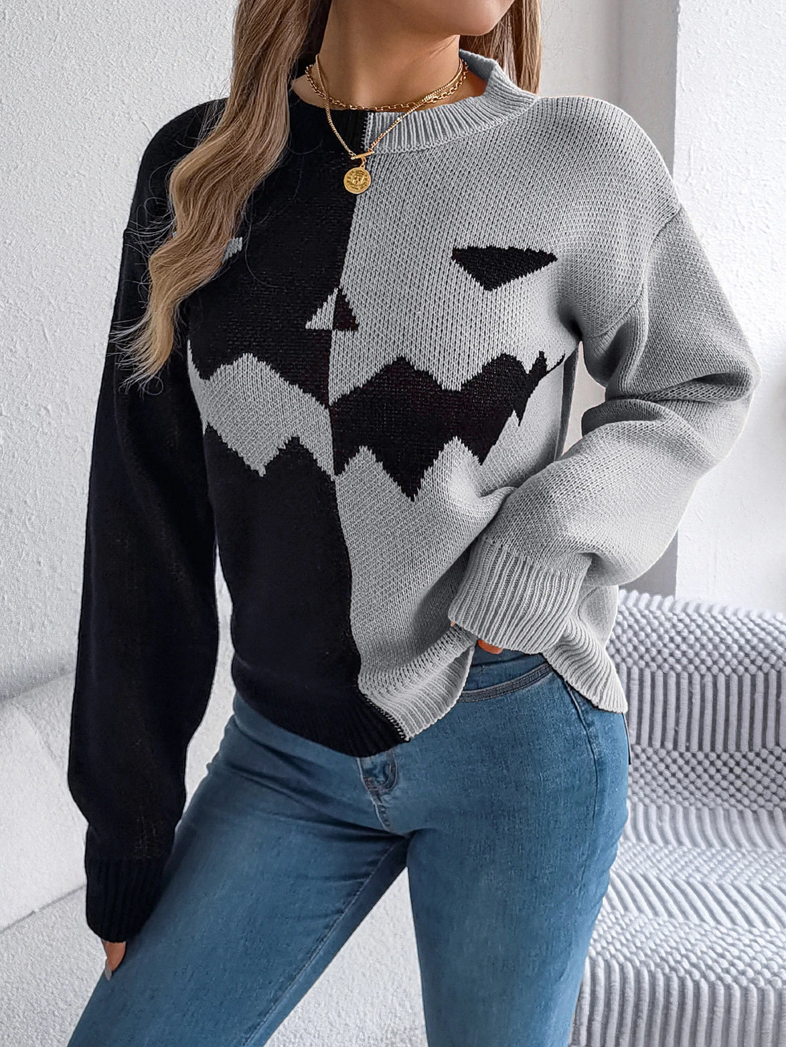 Halloween Women's Contrast Color Pumpkin Pattern Sweaters 2025 Autumn Winter Casual Round Neck Long Sleeve Knitted Pullover