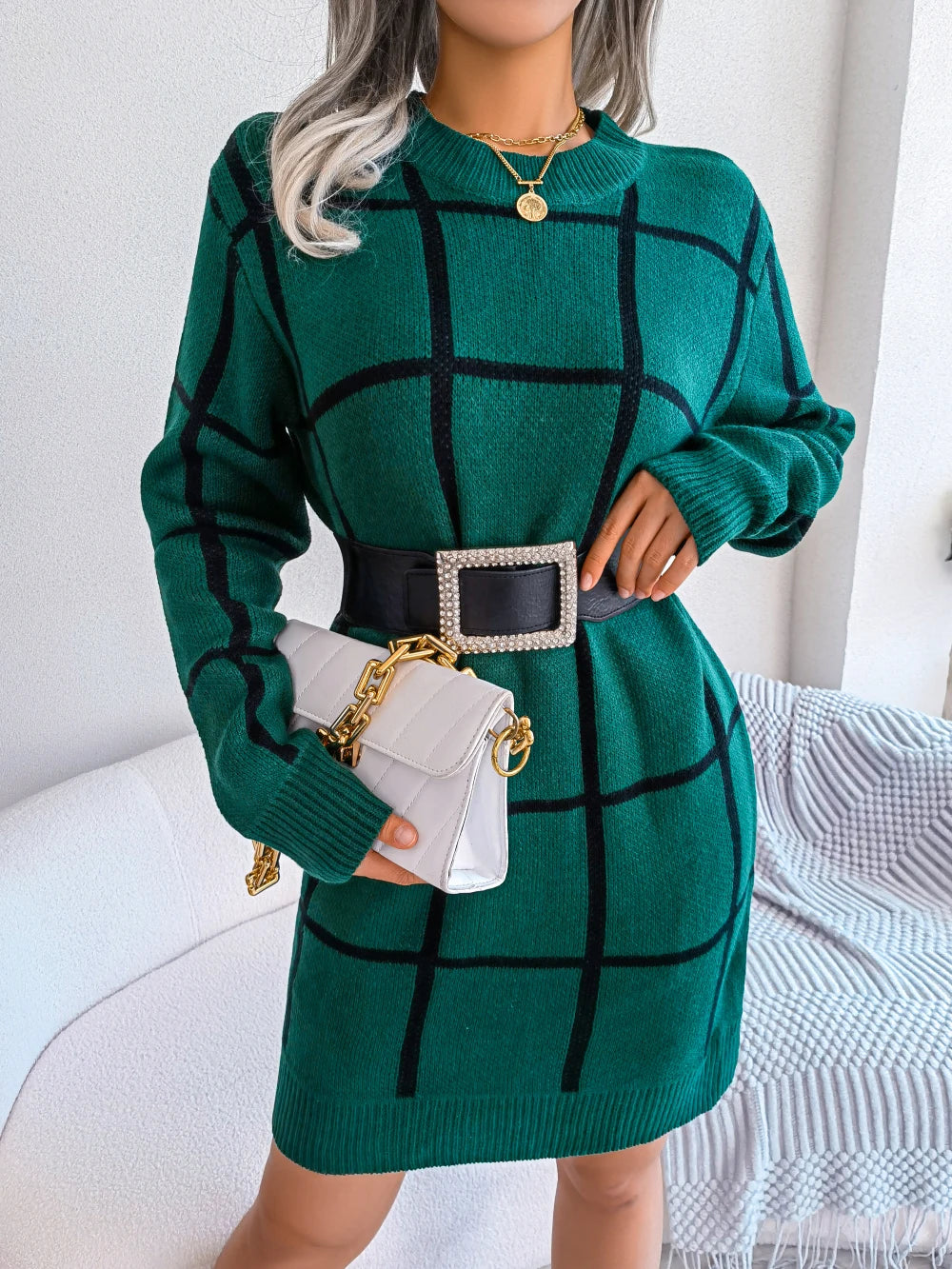 Women Casual Plaid Long Sleeve Knitted Sweater Dress Autumn Winter Clothes Without The Belt