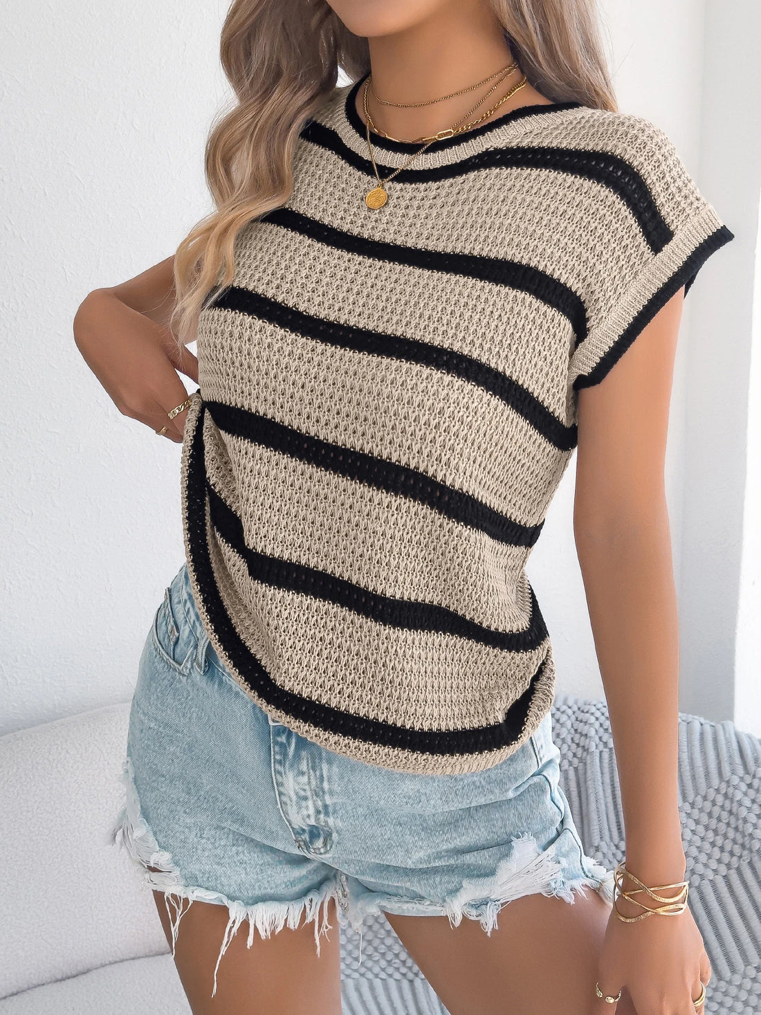 Casual Knit Striped Pullover Woman Spring Summer Round Neck Sleeveless Hollow Out Tops Khaki Pink Apricot Women Clothes