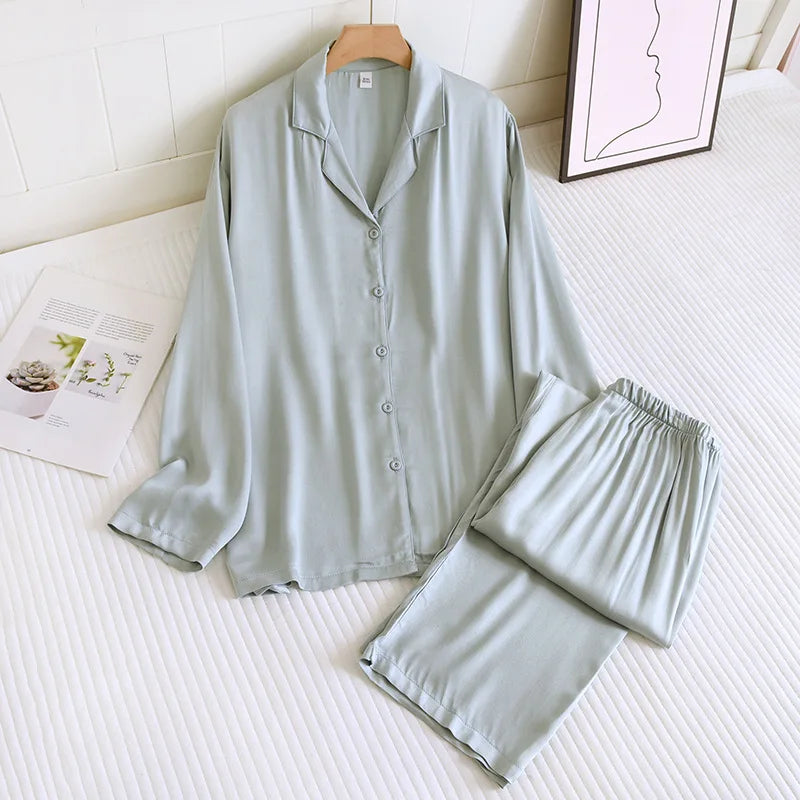 Men and Women's Cotton Silk Pajamas, Thin Satin Home Clothing, Long Sleeved Pants, Spring Pajama Sets, Pure Color, Couple, 2 Pcs