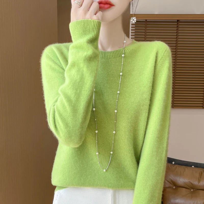 Autumn Winter Women 100% Merino Wool Sweater O-Neck Cashmere Pullover Basic Fashion Clothing Comfort Warm Top Casual Solid