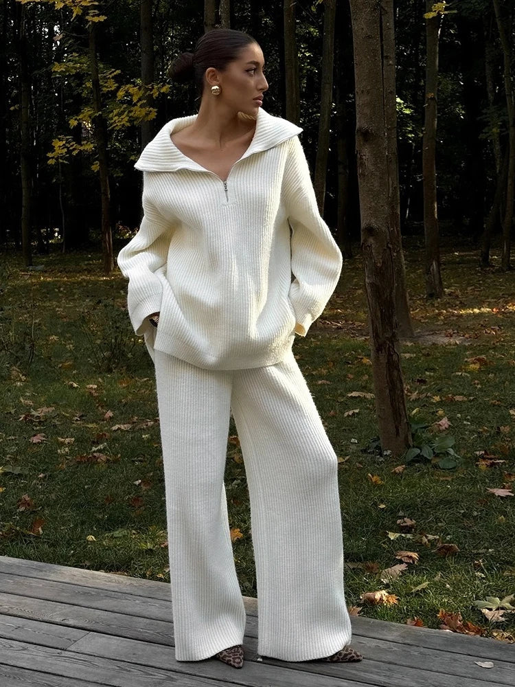 Wolfeel Women's New Autumn Winter Collared Half Zip Ribbed Knit 2-Piece Set Oversized Wide Leg Pants Fashion Sweater Suit
