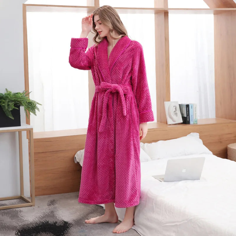 Large Size Flannel Long Robe Autumn Winter Thickened Couple Sleepwear Kimono Bathrobe Gown Nightgown Loose Coral Fleece Homewear