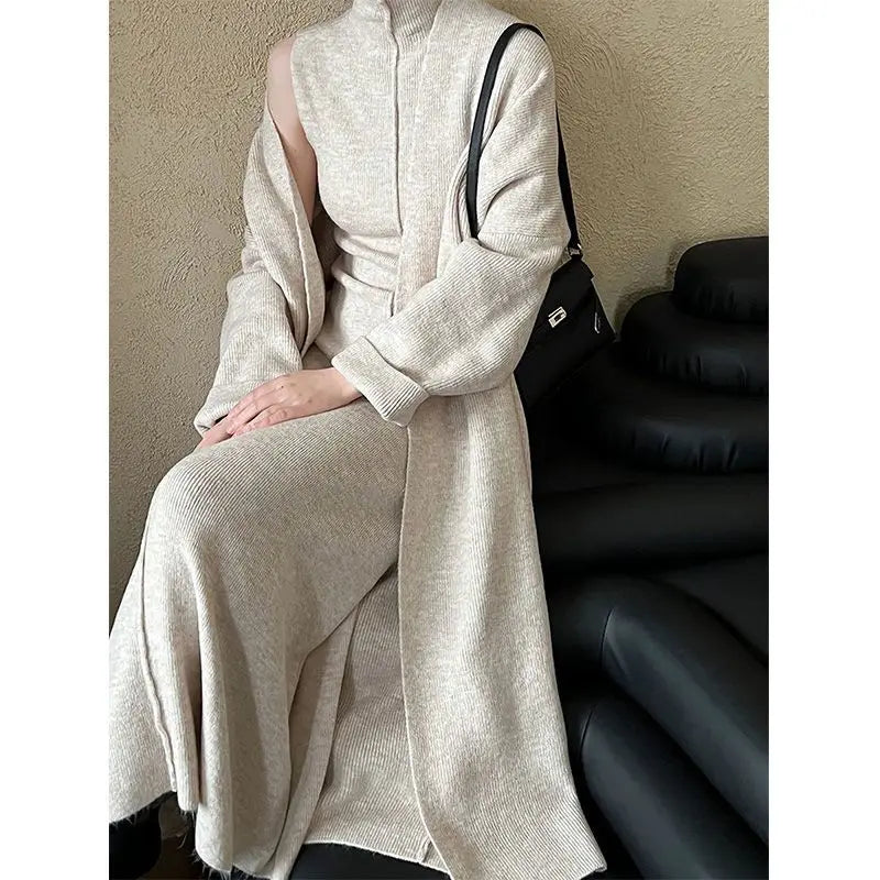 Knitted Cardigan Sleeveless Turtleneck Dress Two-Piece Set for Women Autumn Winter New Warm Mid-Length Sweater Coat Set