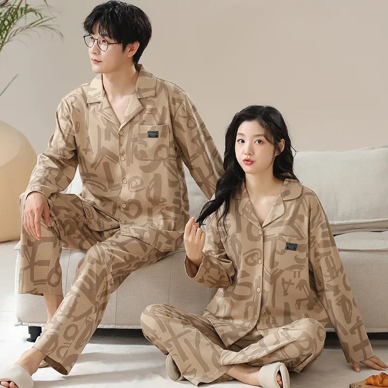 Cotton Couple Pajamas Women Autumn Long sleeve Trouser 2024 New Cardigan Home Wear Men's Suit Outer Wear pijma hombre Dropship