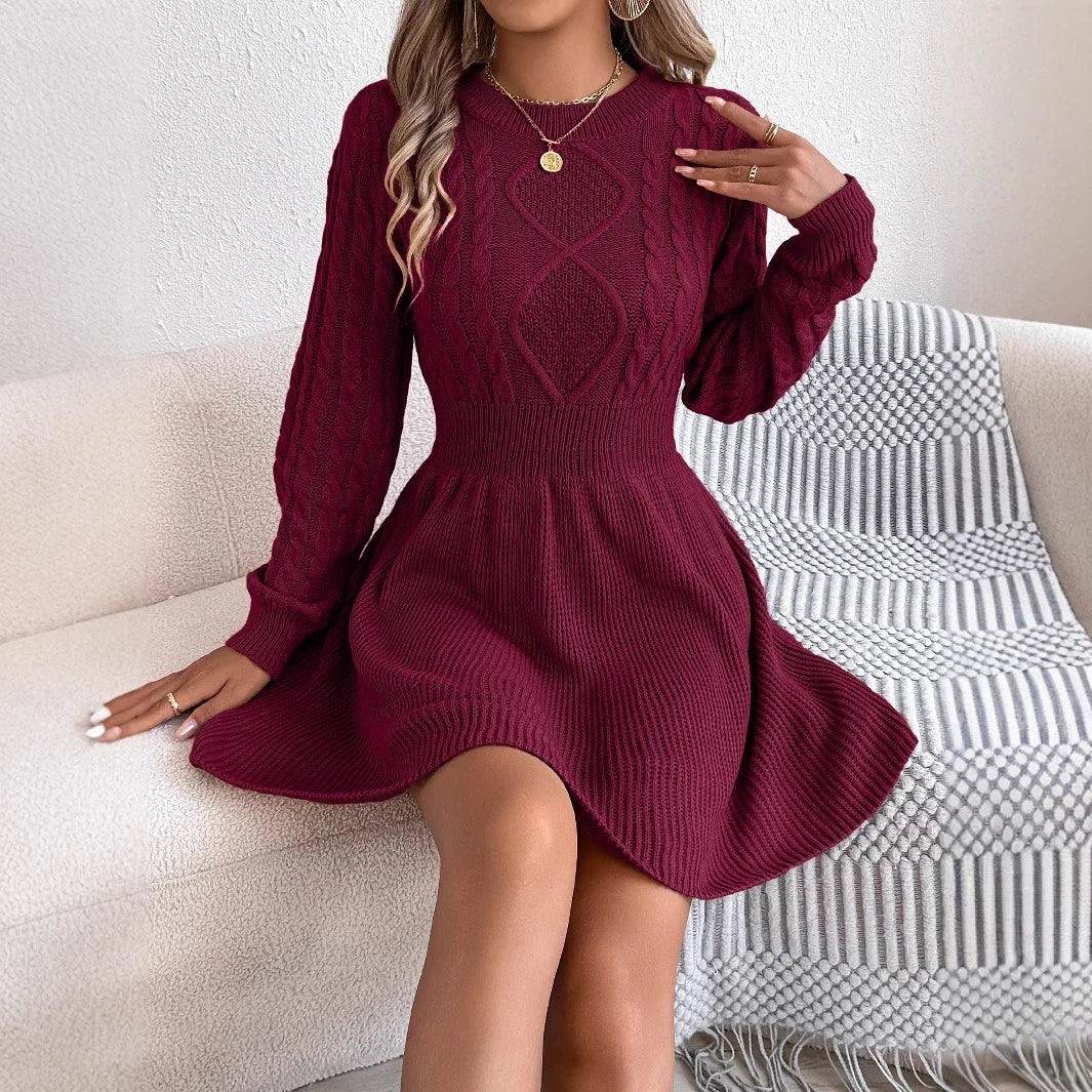 New Women's Cable Knit Sweater Dress A-Line Belted Bubble Sleeve Dress Winter Tight Waist Dress