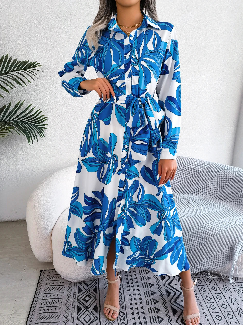 Women Casual Floral Print Long Sleeve Maxi Shirt Dress