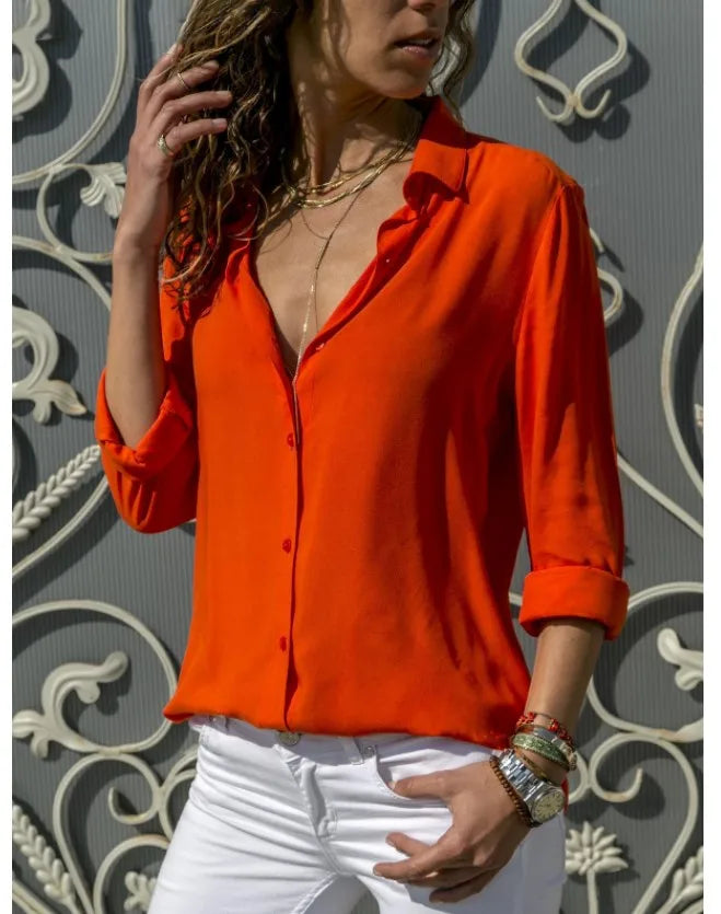 Autumn Shirt Women's Polo Collar Office Lady blouse Vintage Shirt Loose Button Up Down Shirts Fashion Tops