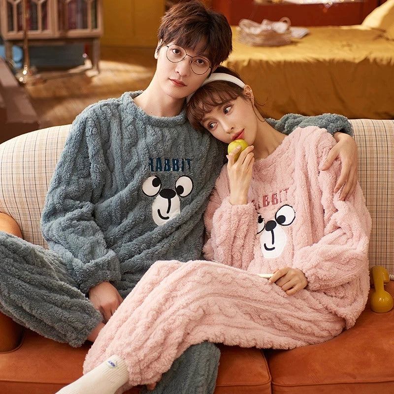 Couples Pajamas Women Men Winter Thicken Pyjamas Sleepwear Cartoon Dinosaur Korean Lovers Homewear Soft Warm Hoodies Pijama