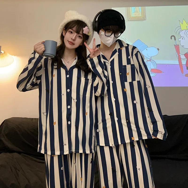 2 Sets of Couple Models Korean Ins Peter Rabbit Couple Pajamas Female Cotton Long-sleeved Men's Striped Two-piece Homewear