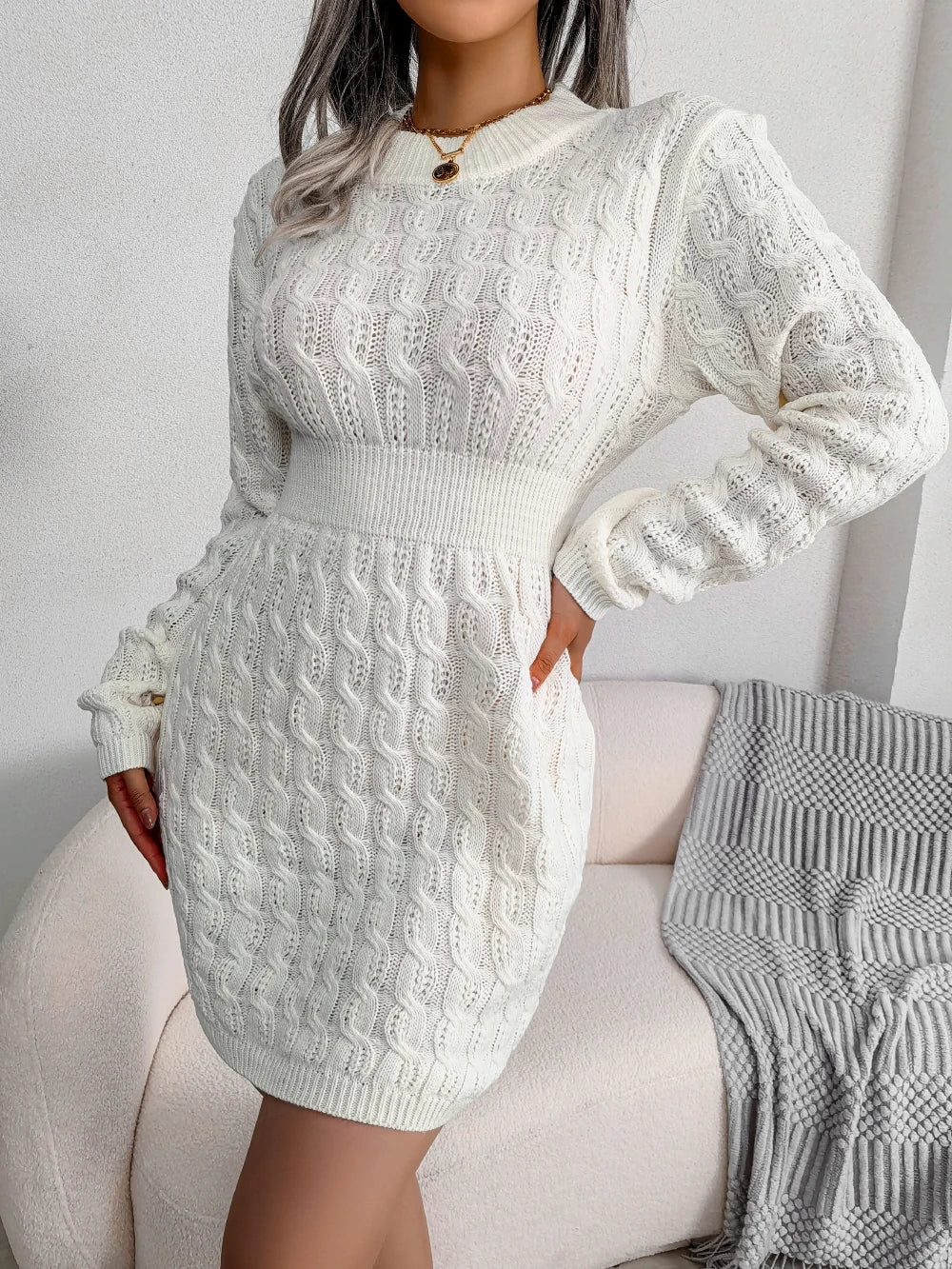 Autumn Winter Women Casual Solid Color Long Sleeve Knitted Sweater Dress Black White Blue Elegant Mini Dress