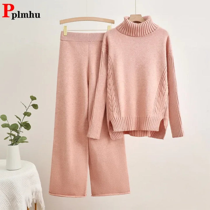 Women Turtleneck Knit Sweater Pullover Tops Conjuntos Casual Elastic Waist Sweatpants Outfit Fall Winter Knitted 2 Piece Sets