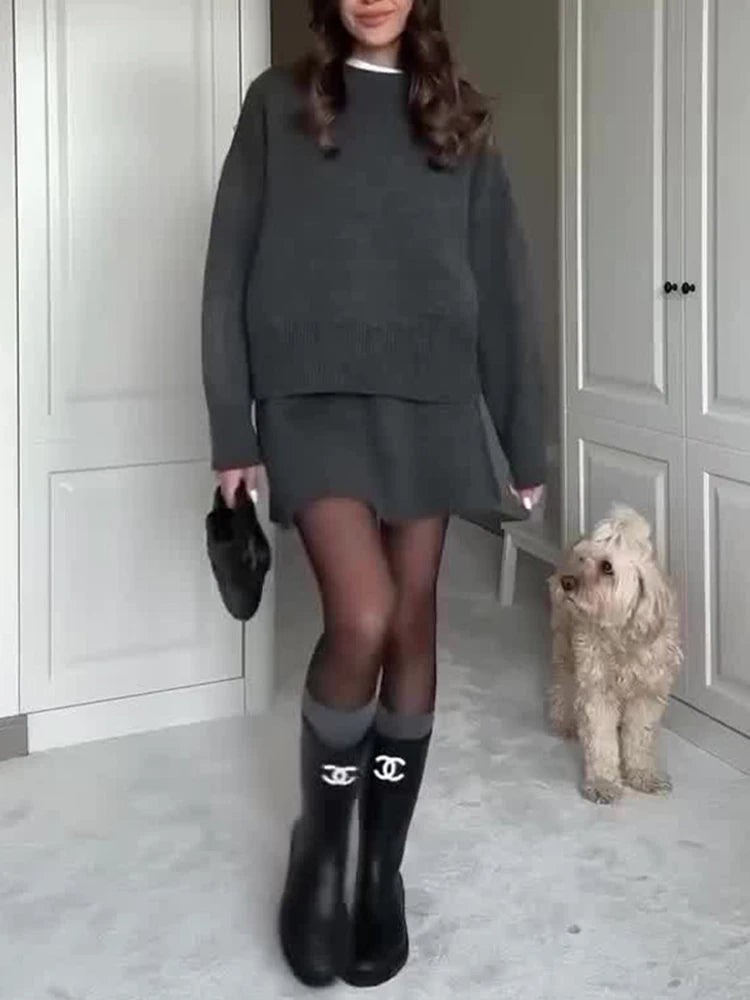 Winter Autumn Chic Knitted Two Piece Set Women Fashion Preppy Style O Neck Loose Sweater A Line Mini Skirt Sets Female Outfits