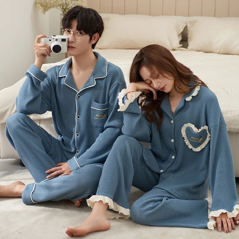 Autumn Couple Pijamas Set For Men Women Cotton Kimono Homewear Man Pjs Female Pijamas Suit Pyjamas Home Clothes Drop Ship
