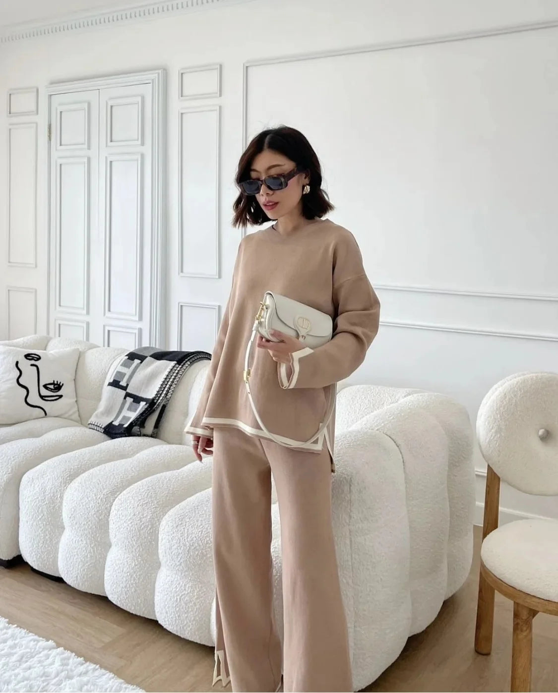 Autumn Collection Elegant Color Blocking Side Slit Long Sleeve Knitted Top High-Waisted Slimming Bell Bottom Trousers Two-P