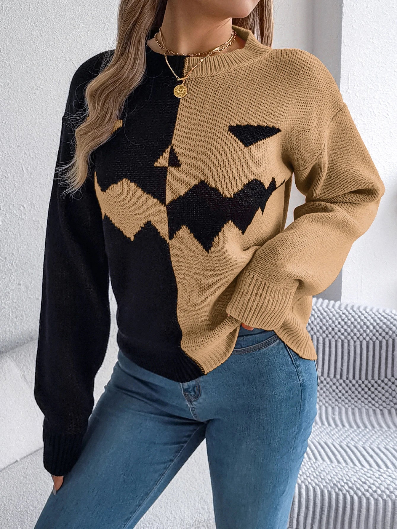 Halloween Women's Contrast Color Pumpkin Pattern Sweaters 2025 Autumn Winter Casual Round Neck Long Sleeve Knitted Pullover