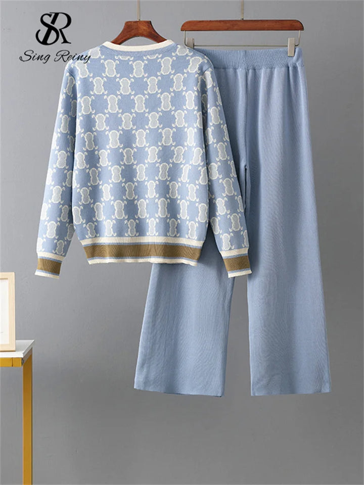 SINGREINY Autumn Two Piece Suits Women V Neck Basics Print Top+Elastic Long Pants Harajuku Casual Knit Sweater Warm Sets
