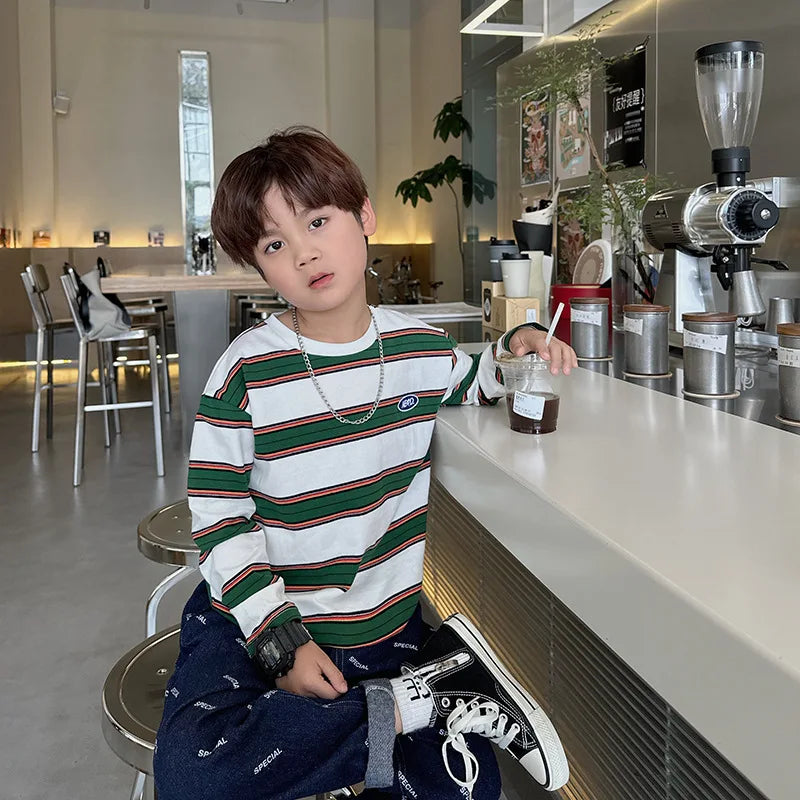 autumn Children Clothes Girls Long Sleeves Bottoming Shirts Cool Boys Stripe Cotton T-shirt Teen Loose Casual 2-7y Kids Top
