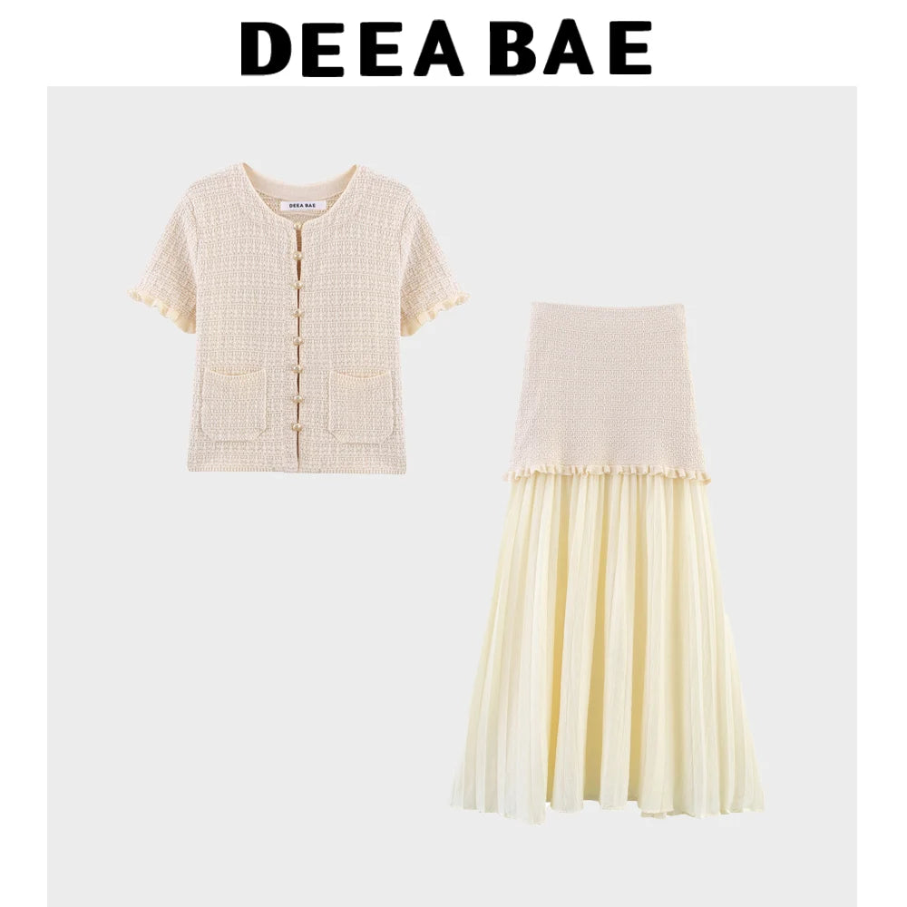 DEEABAE Autumn And Winter New Round Neck Buckle Decoration Gentle and Versatile Short Sleeve Knitted Cardigan Half Skirt Set
