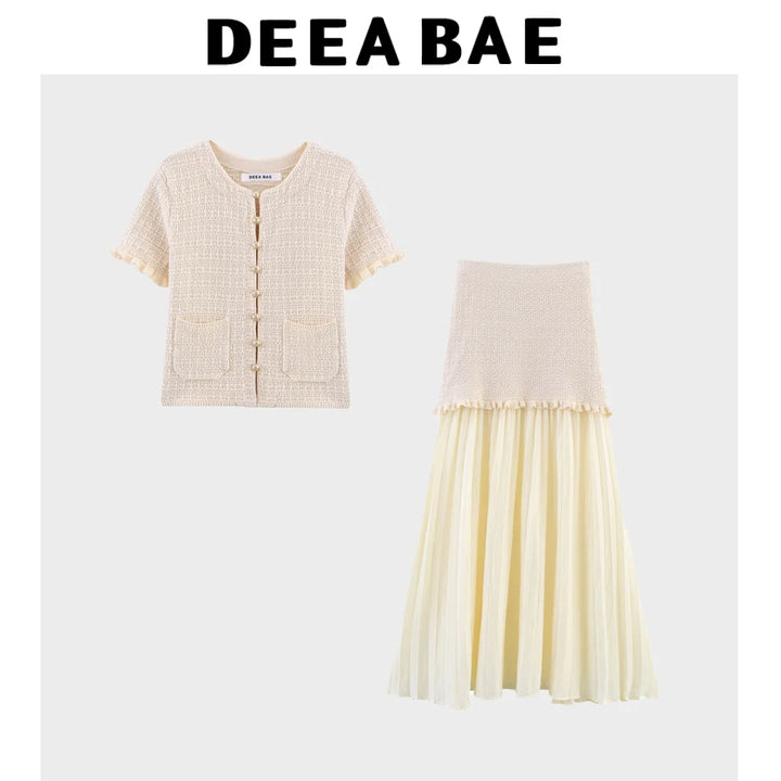 DEEABAE Autumn And Winter New Round Neck Buckle Decoration Gentle and Versatile Short Sleeve Knitted Cardigan Half Skirt Set