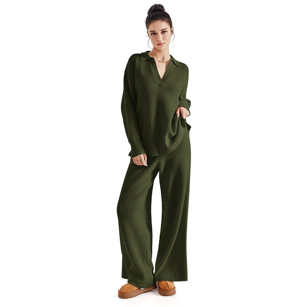 Women 2 Piece Outfits Sweater Sets Long Sleeve Knitted Pullover Tops And Wide Leg Pants Autumn Winter Loose Tracksuit Sweatsuit