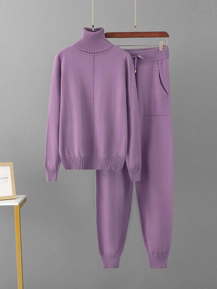 Candy Color Knitted 2 Piece Sets Women Turtleneck Knitwears Sweater Pullover Tops Conjuntos High Waist Casual Harem Pants Outfit