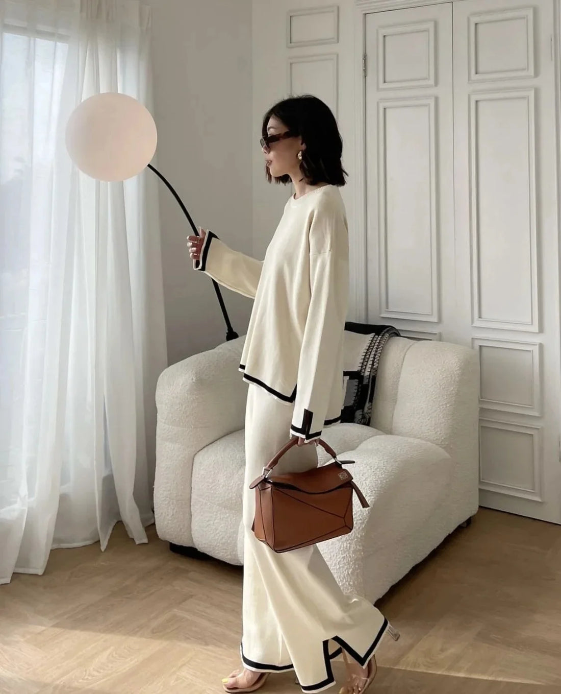 Autumn Collection Elegant Color Blocking Side Slit Long Sleeve Knitted Top High-Waisted Slimming Bell Bottom Trousers Two-P