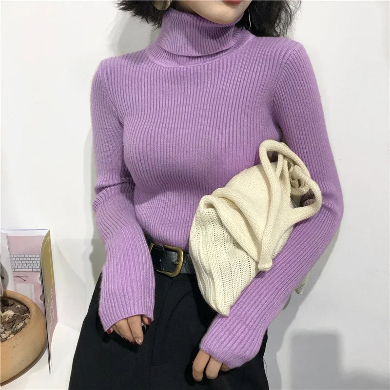 Thick Sweater Women Knitted Ribbed Pullover Sweater Long Sleeve Turtleneck Slim Jumper Soft Warm