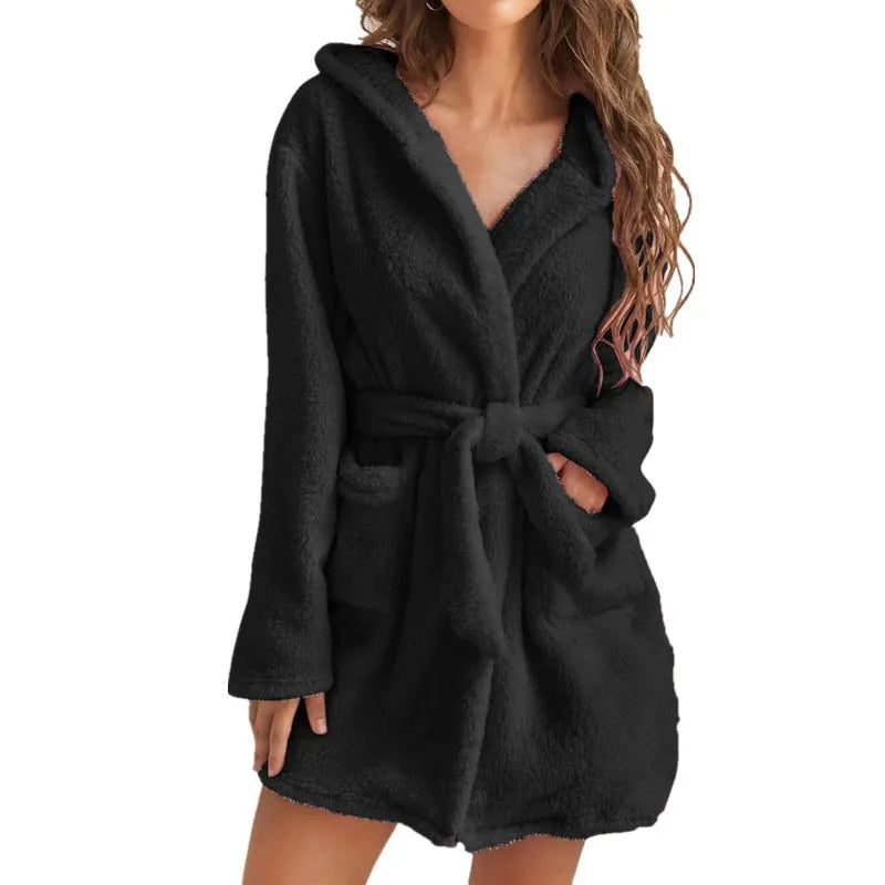 Winter Women Bath Robe Fluffy Plush Pyjamas Ladies Sexy Hooded Dressing Solid Color Gown Warm Bathrobe Female loungewear