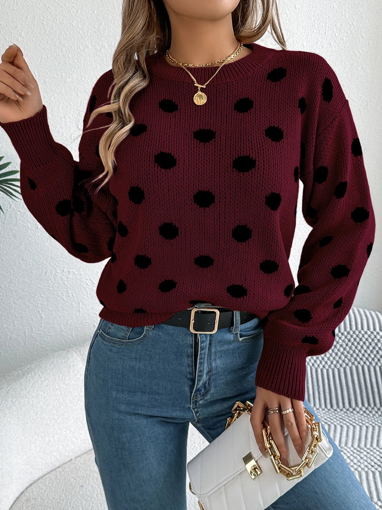 Autumn Winter Fashion Polka Dot Pattern Knitted Sweaters Women Casual Round Neck Lantern Long Sleeve Pullover