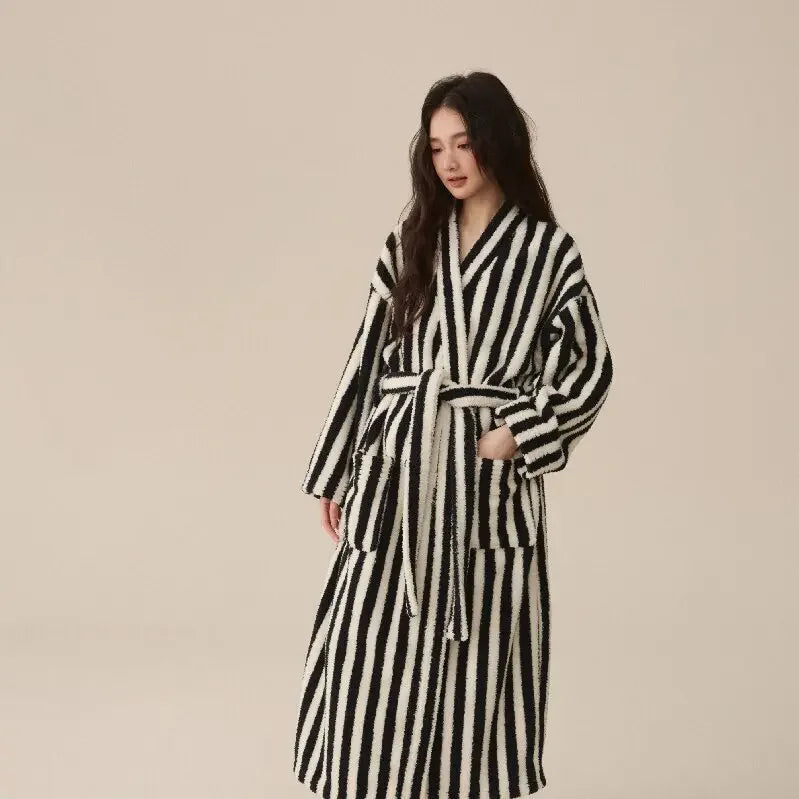 Thickened Flannel Robe Pants Pajamas Set Autumn Winter New Couple Coral Velvet Women Men Bathrobe Striped Lengthed Home Clothes