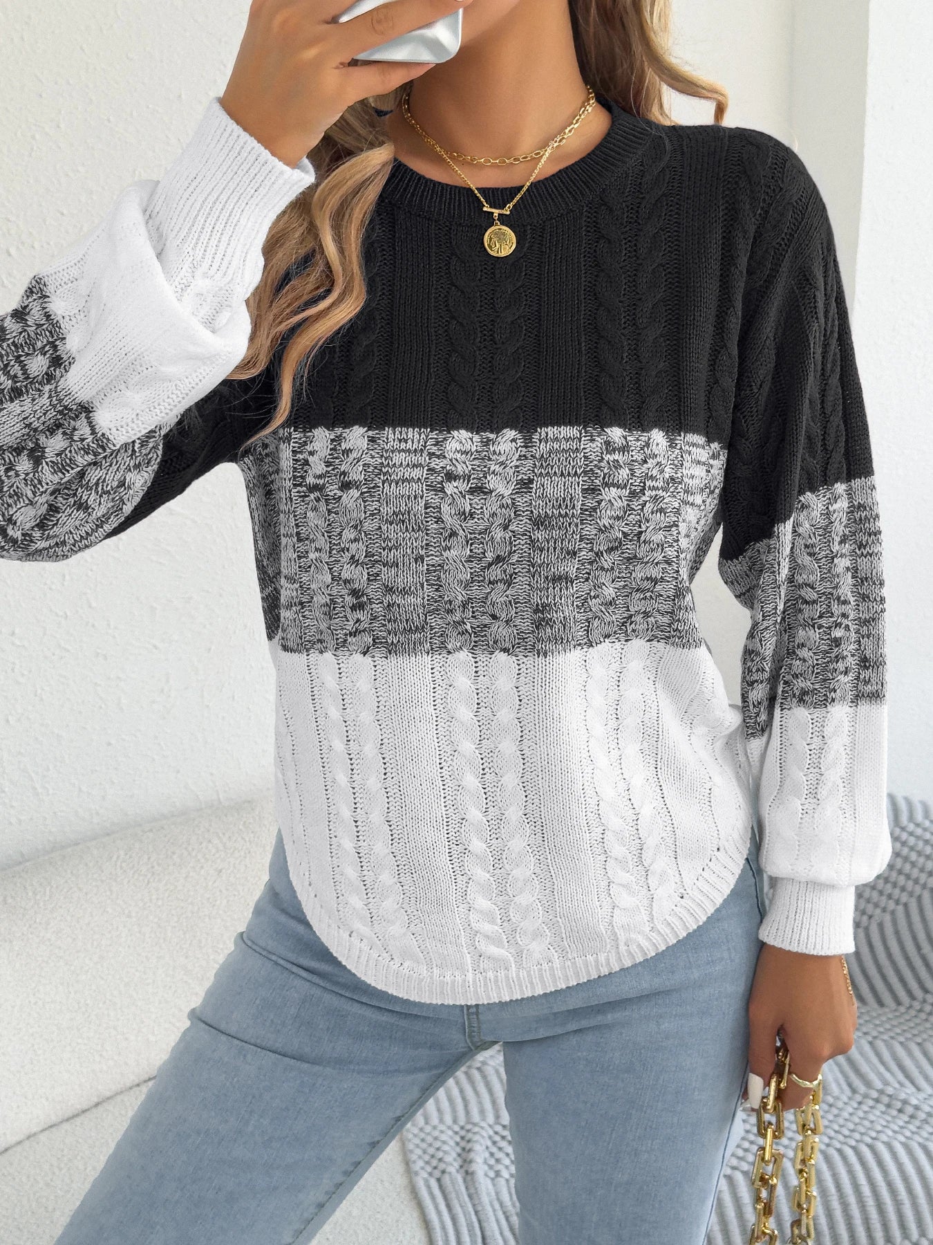 Woman Casual Color Block Striped Sweater Round Neck Lantern Long Sleeve Twist Knitted Tops for 2025 Autumn Winter Women Clothes