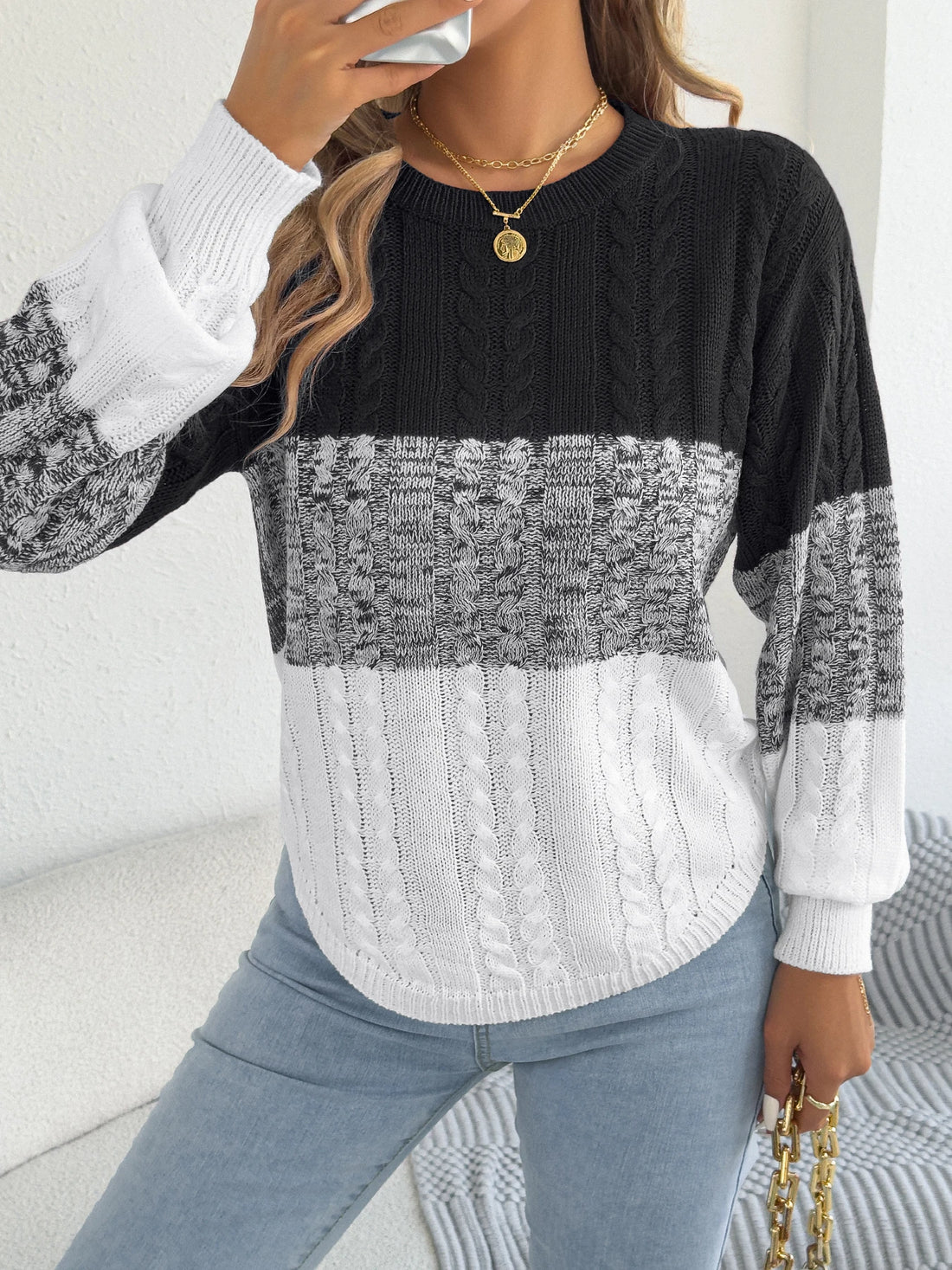 Woman Casual Color Block Striped Sweater Round Neck Lantern Long Sleeve Twist Knitted Tops for 2025 Autumn Winter Women Clothes