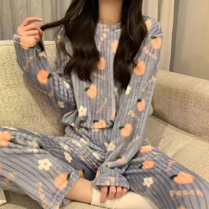 Thiened Long Sve Coral Fce Pajamas Women's Winter Home Clothes Set Cute Cartoon Print round Ne Spwear Set for Youth