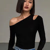 Fashion Skew Collar Off-shoulder Long-sleeved T-shirts Women Spring New Solid Slim Fit Crop Top Sexy Hollow Out Tees Shirts