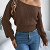 Autumn and Winter Casual Elegant Slash Neck Off shoulder Long Sleeved Knitted Pullover Sweater for Women