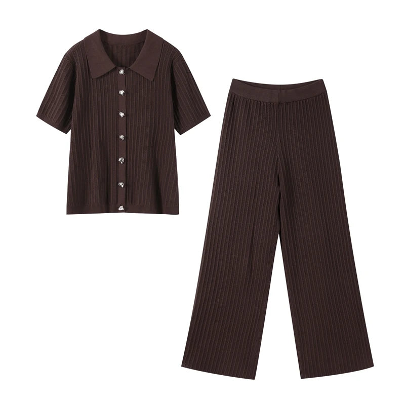 Knitted Pants Set Women Solid Turn Down Collar Half Sleeve Tops Elastic Waist Straight Trousers Spring Chic Lady Outfits