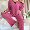 Women Autumn Winter Sleepwear Ribbed Pajamas Set Long Sleeve Top and Long Pants 2 Piece Set Casual Homewear Loungewear
