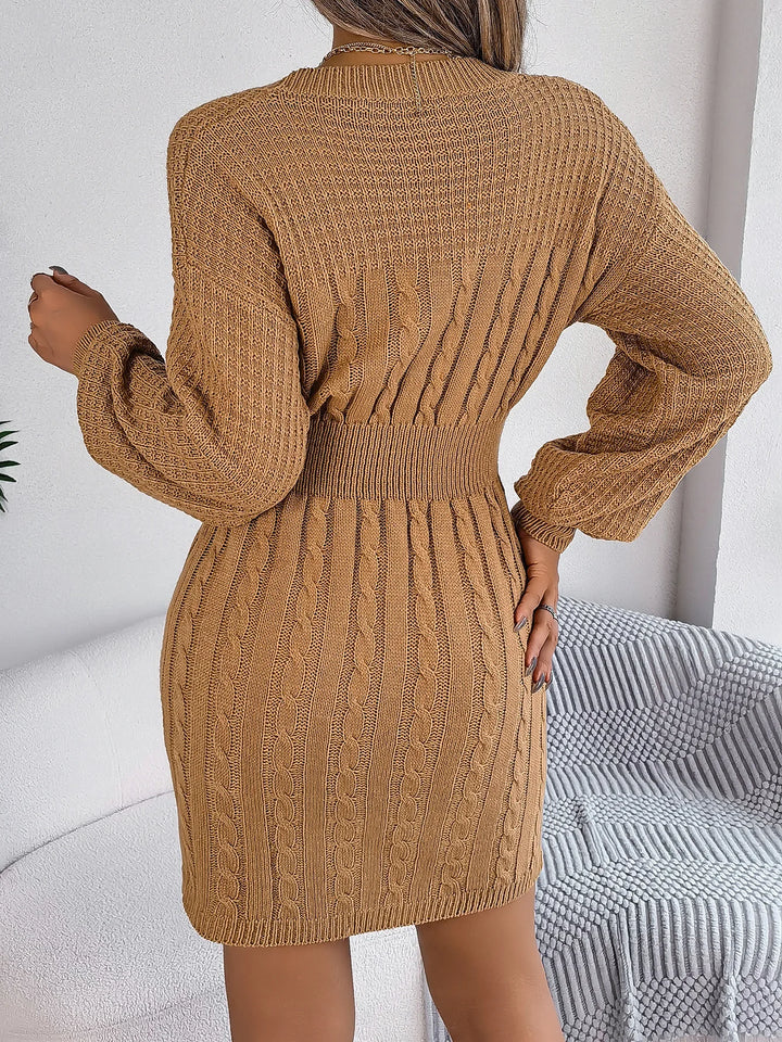 Autumn Winter Solid Color Woolen Dress O-Neck Lantern Sleeve Hollow Out Knitted Dresses for Women Fashion Casual Vestidos
