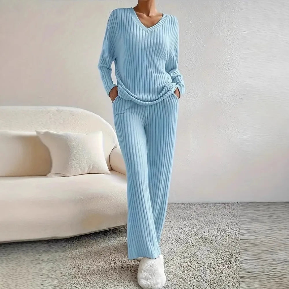 Autumn Winter New Home Set Elegant V-Neck Ribbed Two-Piece Fashion Casual Straight Leg Pants Loose Comfort Outfit